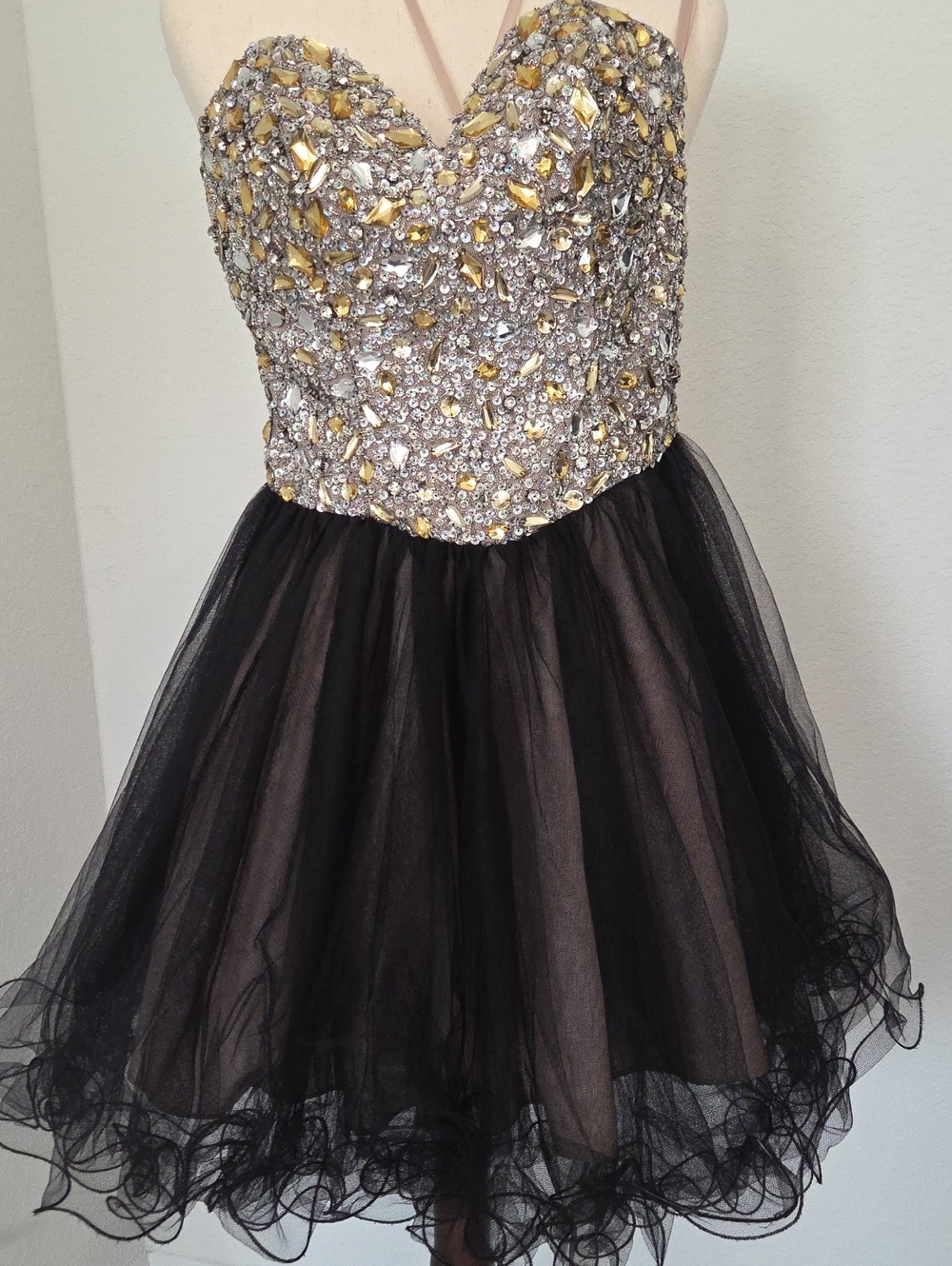 Terani Couture Gold Black Bling Sequin Strapless Beaded Cocktail Dress Pop Star